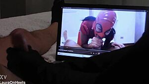 preview gift handjob in gloves while watching my vid