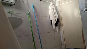 Mature woman in gym bathroom solo session.