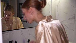 shower erupts as brunette slut rides my monster cock doggystyle slamming her wet cunt