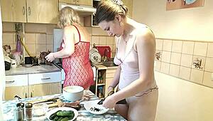 Teen virgin kisses sexy milf in kitchen