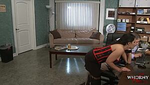 Asian milf fucks computer guy in front of husband