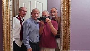 Old man with huge tits blonde in wild orgy blowjob facial frenzy.