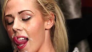 Bombshell Slut Swallows Massive Facial Cumshot From Bukkake Gang!