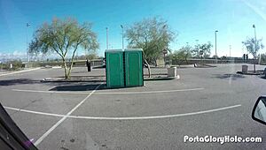 chubby slut porta gloryhole swallows cum in public outdoor blowbang