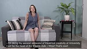 Curious virgin brunette faces her first casting interview