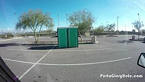 chubby slut porta gloryhole swallows cum in public outdoor blowbang