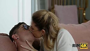 blonde nerd couple rims ass hungrily on european sofa