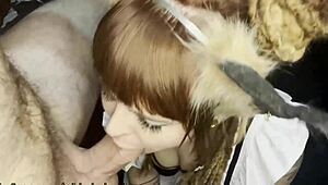 Cute Redhead Maid Gags on Monster Cock Deepthroat with Tattoos