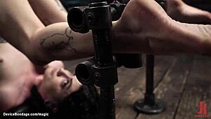 Bound chained slut gagging whipped in bizarre BDSM pain fest!