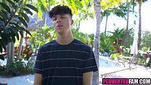 stepmom sneaks a peek at stepson's throbbing cock outdoors