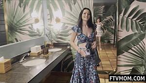 Tall Brunette Flashes Nude in Public Toilet for Secret Masturbation Thrill