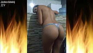 Neighbor goes wild when jade teases in lingerie flashing her juicy latina ass and shaved pussy close-up