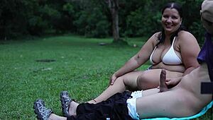 voyeur latina bbw milf with huge tits masturbates me rough outdoors public park forest slap