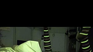 Petite Brunette in Stockings Rams Huge Dildo Deep into Shaved Pussy