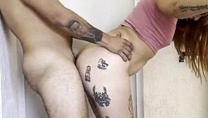 housewife lingers too long in bathroom. hubby yanks towel to see squirting pussy