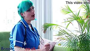 i love how my blue haired alternative nurse uniform hugs my big natural tits while i stroke your cock
