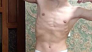 flexing hard in underwear skinny boy shows off muscular body!