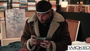 blonde model strips in lingerie for photoshoot then takes deepthroat and doggystyle pounding