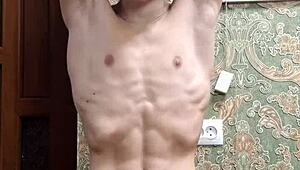 flexing hard in underwear skinny boy shows off muscular body!