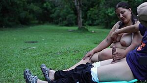 voyeur latina bbw milf with huge tits masturbates me rough outdoors public park forest slap