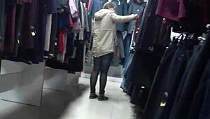 Juicy Russian PAWG legs spread in nylon skirt for hidden mall changing room cam