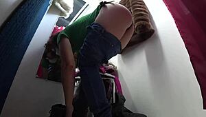 Juicy Russian PAWG legs spread in nylon skirt for hidden mall changing room cam