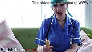 i love how my blue haired alternative nurse uniform hugs my big natural tits while i stroke your cock