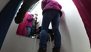 Juicy Russian PAWG legs spread in nylon skirt for hidden mall changing room cam