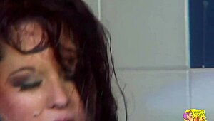 Steamy shower with latex brunette turns wild. Lesbian licks tight pussy before toys plow deep inside?