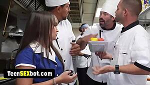 What if cute blonde waitress got bent over by whole staff in reality gangbang?