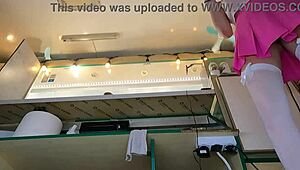 Naughty Brunette Babe's Shaved Naked Ass Bent Over Counter At Work Begs For Wet Kissing And Upskirt Tease