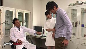 Horny Japanese Nurse Delivers Brutal Blowjob and Shaved Pussy Ride in Hospital Threesome