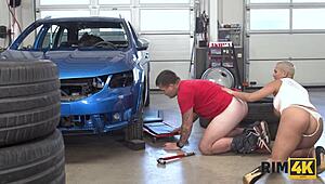 Big boobs dame rims repairman anus in car shop fuck!