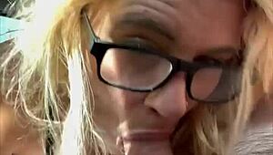 real hooker in glasses kneels public for old man's cash sucking cumshot straight in mouth