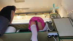 Naughty Brunette Babe's Shaved Naked Ass Bent Over Counter At Work Begs For Wet Kissing And Upskirt Tease