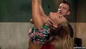 Bound blonde gags on cock before rough anal creampie pounding