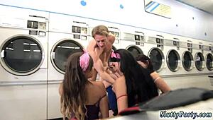 guys gangbang laundry girl in wild four-way fuckfest