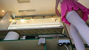 Naughty Brunette Babe's Shaved Naked Ass Bent Over Counter At Work Begs For Wet Kissing And Upskirt Tease