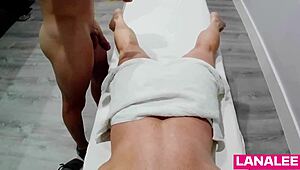 lana lee gets naughty fingered and fucked by muscular amone bane during squirting massage