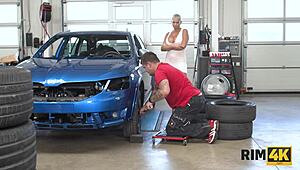 Big boobs dame rims repairman anus in car shop fuck!