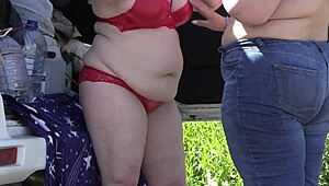 mature lesbians with huge asses... i'm spying on their outdoor lingerie play in the park