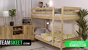 Eveline Dellai Grinds Shaved Pussy on Hot Roommate Michael in Hostel Cowgirl