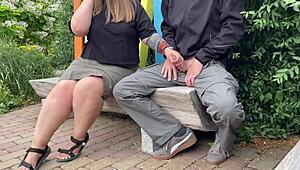 Chubby Mature Cougar Flashes Curvy Legs and Beaver Then Handjobs Cum Outdoors