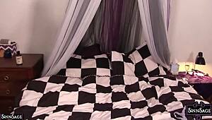 imagine sinn sage dominating georgia jones with a dildo ripping clothes in lesbian wrestling on bed