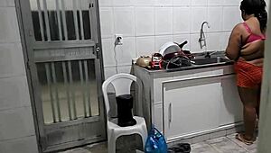 Stepmom Fucked Hard in Kitchen by Stepdaughter. She Squirts and Takes Massive Cumshots on Big Natural Tits