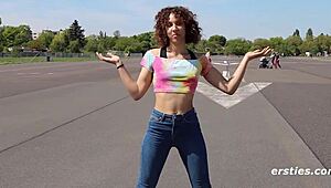 juli from berlin teases shaved clit with hands glass dildo wet closeup