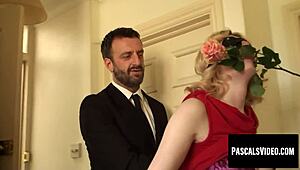 blindfolded blonde sucks big cock with rose romantically