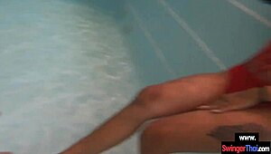 Amateur thai teen girlfriend bends over public pool for doggystyle pounding