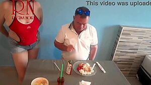 guest laps food straight from naked waitress navel!