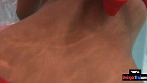 Amateur thai teen girlfriend bends over public pool for doggystyle pounding